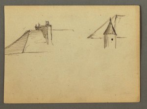 Tekening, dak met schoorsteen, torentje, mogelijk 1868 door Frederic Edwin Church