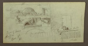 Tekening, daken met uitzicht op zee, deuropening van een huis, 7 maart 1868 door Frederic Edwin Church