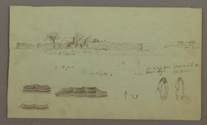 Tekening, Ruïnes omgeven door muren, tenten, twee figuurstudies, 28 april 1868 door Frederic Edwin Church