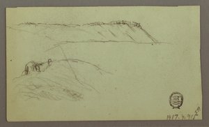 Tekening, Ruïnes omgeven door muren, tenten, twee figuurstudies, 28 april 1868 door Frederic Edwin Church