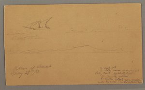 Tekening, Zeilschip, Bergachtige kust, Eilanden, 29 mei 1868 door Frederic Edwin Church