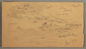 Tekening, Scherpe bergtoppen, bewolkte lucht, juni 1874 door Frederic Edwin Church