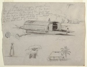 Schetsen uit Colombia - Rivierboot (Champan), een vrouw, groep bomen, een huis
