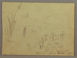 Tekening, Schetsen uit Italië: Gebouw met toren, berg en mens, 29 april 1869 door Frederic Edwin Church