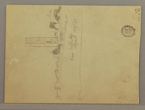 Tekening, Schetsen uit Italië: Gebouw met toren, berg en mens, 29 april 1869 door Frederic Edwin Church