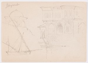Tekening, Schetsen van een koepelstructuur, schip en statig huis, januari 1868 door Frederic Edwin Church