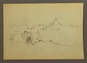 Tekening, Sint-Pietersbasiliek gezien vanuit het noorden tegen de heuvels en skyline van Rome, januari 1869 door Frederic Edwin Church