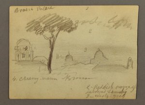Tekening, Sint-Pietersbasiliek en Vaticaanstad (gezien vanuit het noorden), Rome, Italië, januari 1869 door Frederic Edwin Church