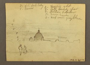 Tekening, Sint-Pietersbasiliek en Vaticaanstad (gezien vanuit het noorden), Rome, Italië, januari 1869 door Frederic Edwin Church