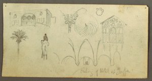 Tekening, Statig huis, figuur rijdt, kameel, architectuurstudies, palmboom, mogelijk 1868 door Frederic Edwin Church
