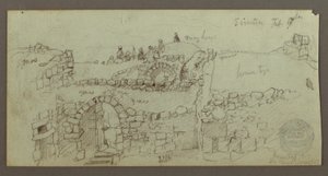 Tekening, stenen gebouw, mannen verzameld op het dak, 17 februari, mogelijk 1868 door Frederic Edwin Church