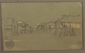 Tekening, Straat die naar een kerk leidt, Guayaquil, Ecuador, mei 1857 door Frederic Edwin Church