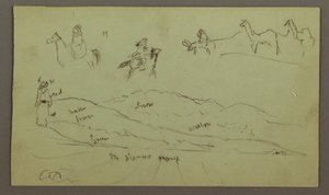 Tekening, Studies van figuren op ezels en ezels, figuur op heuvelrug, mogelijk 1868 door Frederic Edwin Church