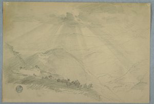 Tekening, Zon schijnt door wolken boven een bergvallei, Jamaica, juli 1865 door Frederic Edwin Church