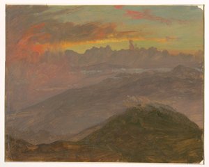 Tekening, Zonsondergang en bergen, juli 1865 door Frederic Edwin Church