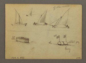 Tekening, Zonsondergang boven zee, stoomboot, mogelijk 1868 door Frederic Edwin Church
