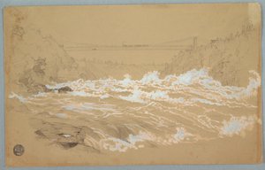 Tekening, De kloof, Niagara, kijkend naar de hangbrug, ca. 1856-58 door Frederic Edwin Church