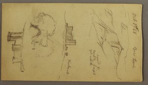 Tekening, Drie studies van kasteel op heuveltop, 1 oktober 1868 door Frederic Edwin Church