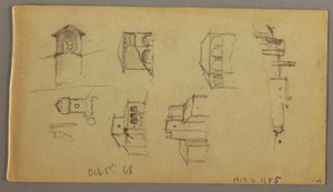 Tekening, Drie studies van kasteel op heuveltop, 1 oktober 1868 door Frederic Edwin Church