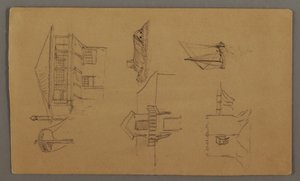 Tekening, Houten huis, twee zeilboten, dakstudies, mogelijk 1868