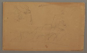 Tekening, Houten huis, twee zeilboten, dakstudies, mogelijk 1868 door Frederic Edwin Church