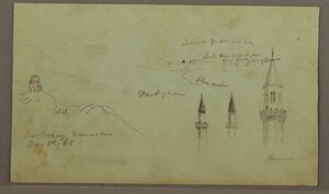 Tekening, Graf van een heuvel, drie minaretten, 1 mei 1868 door Frederic Edwin Church