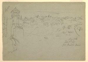 Tekening, Toren bij Lydda en Ramleh gezien vanaf Ramleh Tower, Palestina [Ramleh, Israël], 7 en 10 februari 1868 door Frederic Edwin Church