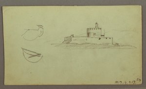 Tekening, Stad aan de kust, bergketen erachter, 27 mei 1868 door Frederic Edwin Church