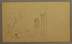 Tekening, Bomen, klassieke zuilen, mogelijk 1865-66 door Frederic Edwin Church