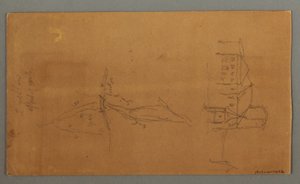 Tekening, Twee kerken, vallei, waterval, 1868 door Frederic Edwin Church