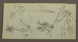 Tekening, Twee figuren rijdend op paarden, met speren, zwaard, onderste deel van een geweer, etc., mogelijk 1868 door Frederic Edwin Church