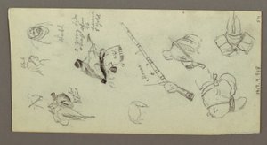 Tekening, Twee figuren rijdend op paarden, met speren, zwaard, onderste deel van een geweer, etc., mogelijk 1868 door Frederic Edwin Church