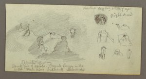 Tekening, Twee figuren en twee kamelen bij kampvuur, figuur- en kamelenstudies, mogelijk 1868 door Frederic Edwin Church