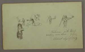 Tekening, Twee studies van vissers met hengels en fakkels, april 1868 door Frederic Edwin Church