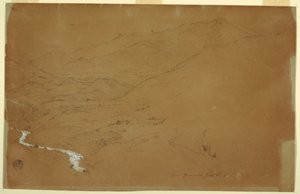 Tekening, Vallei met een stroompje en huizen, bij Guaranda, Ecuador, 4 juni 1857 door Frederic Edwin Church