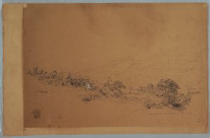 Tekening, Vallei met McAllisters zaagmolen, Colombia, juni 1853 door Frederic Edwin Church
