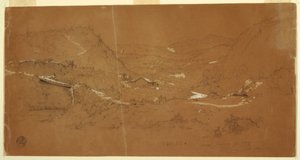 Tekening, Vallei met een brug en huizen, bij Guaranda, Ecuador, 5 juni 1857 door Frederic Edwin Church