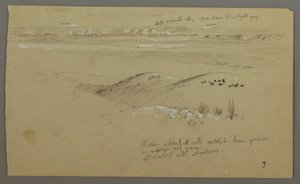 Tekening, Uitzicht over de heuvels en vlakte naar de bergen, Vallei van El Yemen, februari 1868 door Frederic Edwin Church