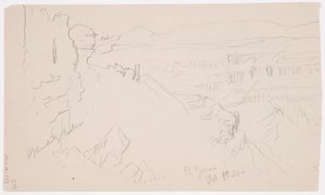 Tekening, Uitzicht over de heuvels en vlakte naar de bergen, Vallei van El Yemen, februari 1868 door Frederic Edwin Church