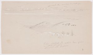 Tekening, Uitzicht over de heuvels en vlakte naar de bergen, Vallei van El Yemen, februari 1868 door Frederic Edwin Church