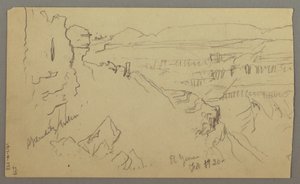 Tekening, Uitzicht over de heuvels en vlakte naar de bergen, Vallei van El Yemen, februari 1868 door Frederic Edwin Church