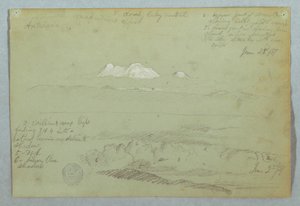 Tekening, Uitzicht op de vulkaan Artisana vanuit of nabij Quito, en een bewolkte lucht boven een bergrug, Ecuador, 23 juni 1857 door Frederic Edwin Church