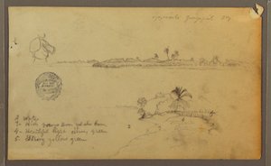 Tekening, Gezicht op de oostelijke oever van de Guayas-rivier, tegenover Guayaquil, Ecuador, mei 1857 door Frederic Edwin Church