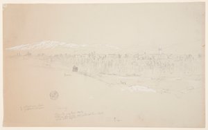 Tekening, Dorp Kuseiyeh, de berg Libanon in de verte, mei 1868 door Frederic Edwin Church