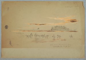 Tekening, Waterdragers op de Magdalena (Baai), Barranquilla, Republiek Nueva Grenada, nu Colombia, 2 mei 1853 door Frederic Edwin Church