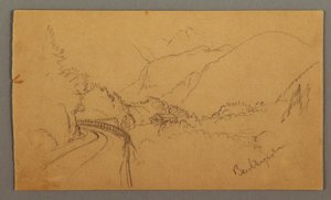 Tekening, Kronkelweg door vallei, huis, mogelijk 1868 door Frederic Edwin Church