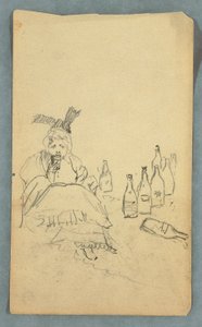 Tekening, Drinkende vrouw, wijnflessen, recto; boodschappenlijst voor Mount Katahdin Climb, verso, herfst 1878 door Frederic Edwin Church