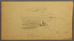 Tekening, beboste heuveltop, heuvelachtige vallei, zon, januari 1866 door Frederic Edwin Church
