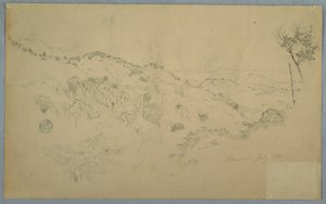 Tekening, Beboste vallei met een grote varen en bergketens in de verte, Jamaica, juli 1865 door Frederic Edwin Church