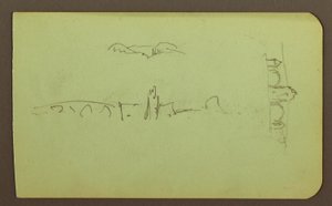 Tekening, heuvels, kerk, brug; Verso: figuur, kruis, kerk, 1883 door Frederic Edwin Church